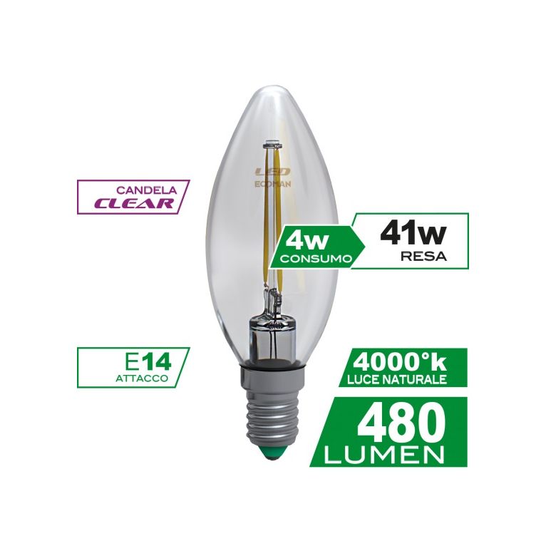 lampadina led candela e14 4w luce naturale 4000k ecoman vetro trasparente