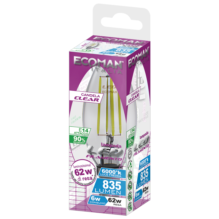 lampadina led candela e14 6w luce fredda 6000k ecoman vetro trasparente