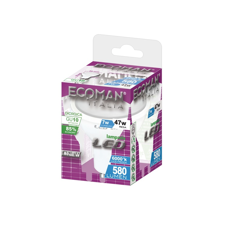 lampadina led dicroica gu10 7w luce fredda 6000k ecoman 