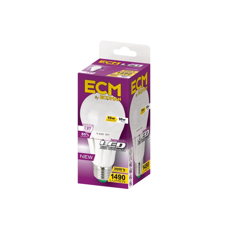 lampadina led goccia e27 15w luce calda 3000k ecoman vetro ghiaccio per uso professionale