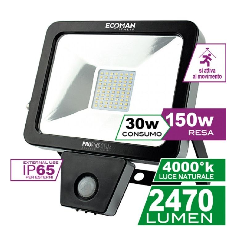 proiettore led proled 30w luce naturale 4000k ecoman nero ip44 slim sensor