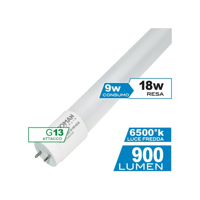 tubo led t8 g13 9w luce fredda 6500k ecoman 60cm 