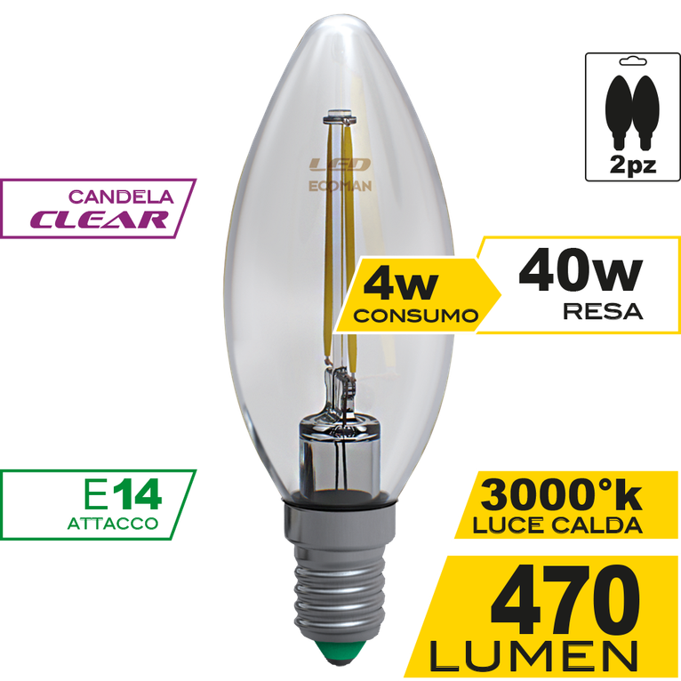 lampadina led candela e14 4w luce calda 3000k ecoman  vetro trasparente confezione 2 pezzi