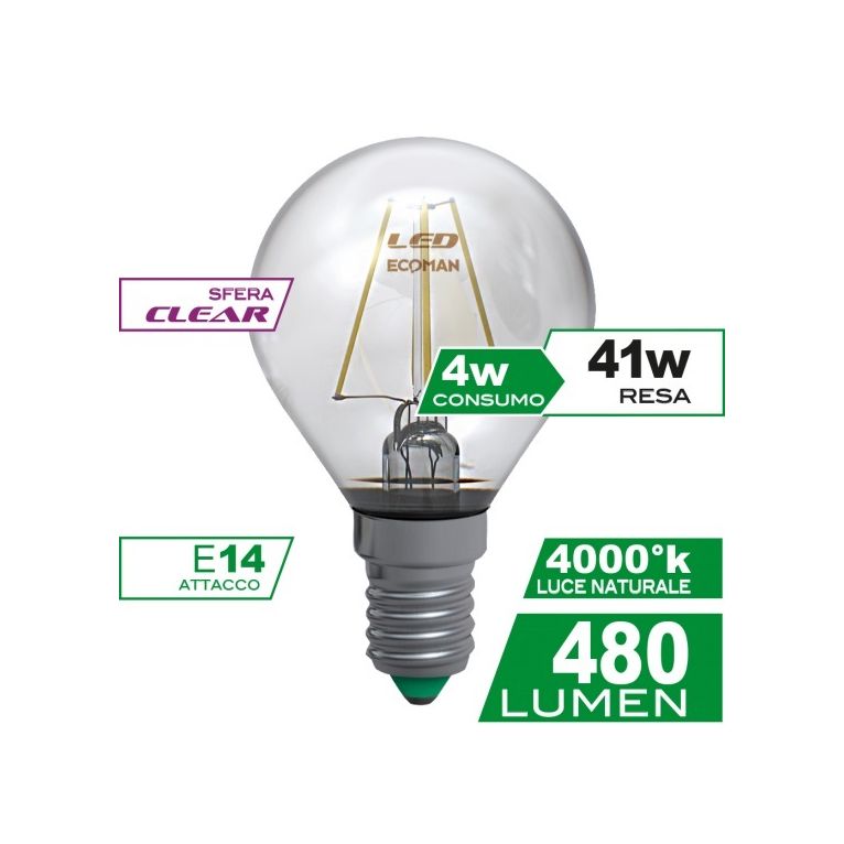 lampadina led sfera e14 4w luce naturale 4000k ecoman vetro trasparente