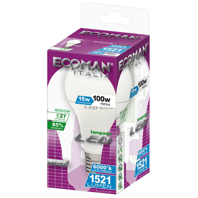 lampadina led goccia e27 15w luce fredda 6000k ecoman vetro ghiaccio