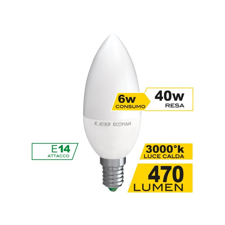 lampadina led candela e14 6w luce calda 3000k ecoman vetro ghiaccio