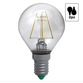 Lampadina LED Sfera E14 4W luce calda 3000K ECOMAN vetro trasparente confezione 2 pezzi