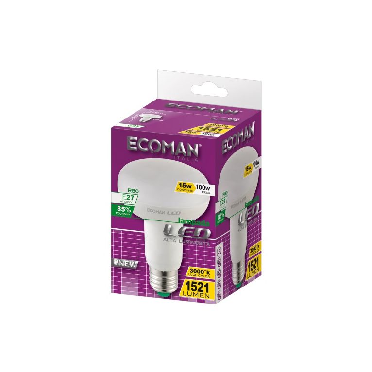 lampadina led spot r80 e27 15w luce calda 3000k ecoman vetro ghiaccio