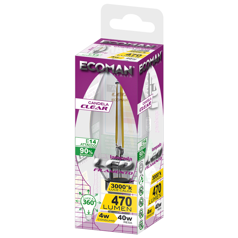 lampadina led candela e14 4w luce calda 3000k ecoman vetro trasparente