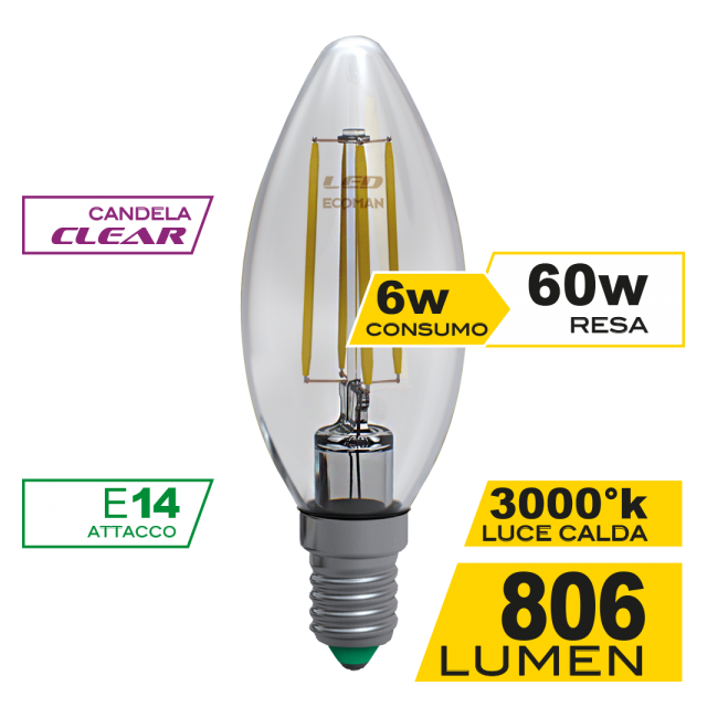 lampadina-led-candela-e14-6w-luce-calda-3000k-ecoman-vetro-trasparente