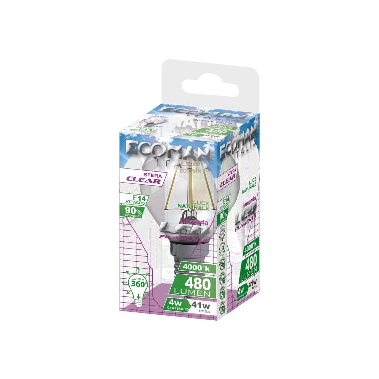 lampadina led sfera e14 4w luce naturale 4000k ecoman vetro trasparente