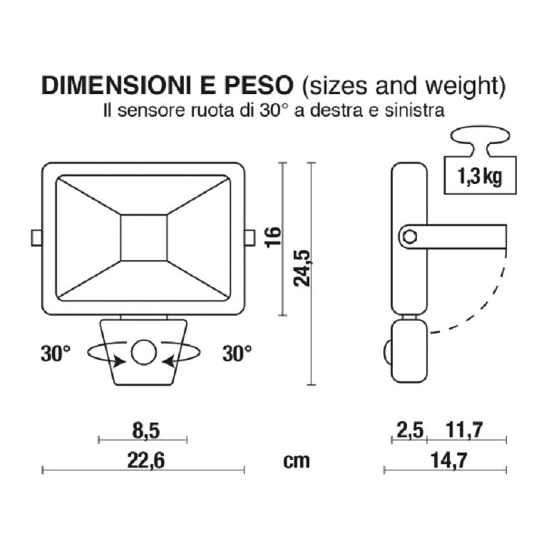 proiettore led proled 30w luce naturale 4000k ecoman nero ip44 slim sensor