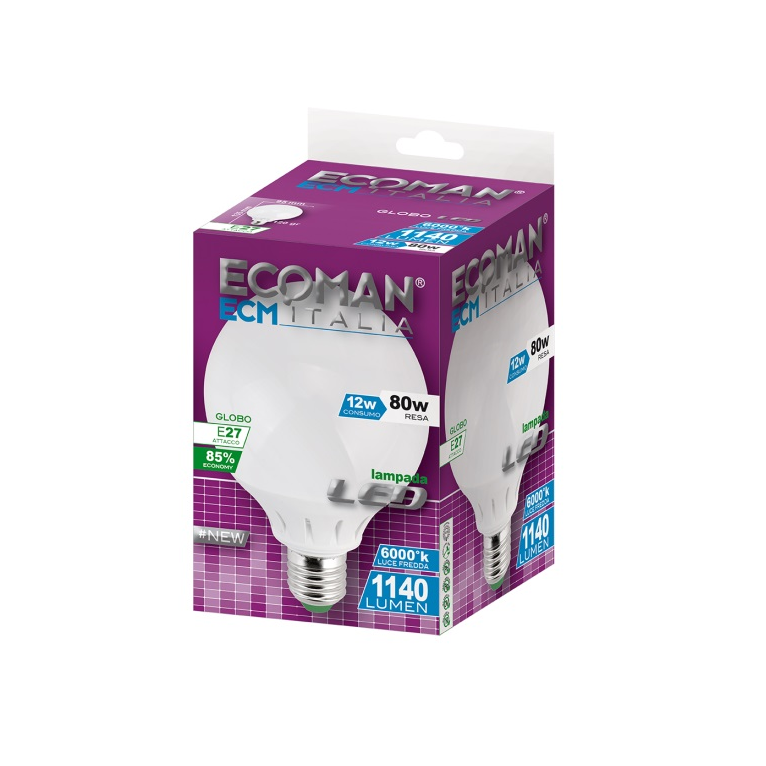 lampadina led globo g95 e27 12w luce fredda 6000k ecoman