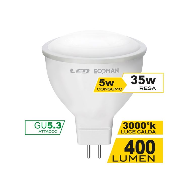 lampadina led dicroica gu5.3 5w luce calda 3000k ecoman 12vdc vetro ghiaccio