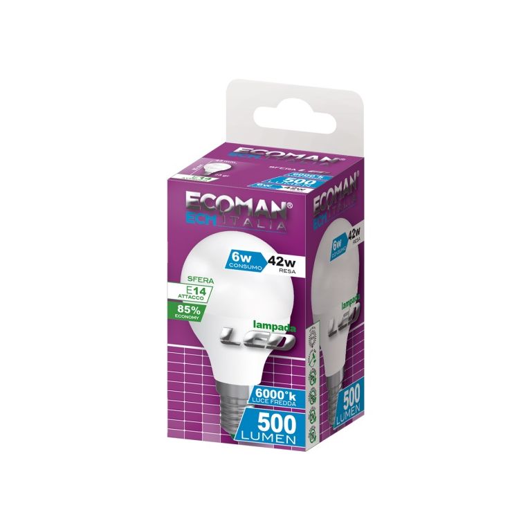 lampadina led sfera e14 6w luce fredda 6000k ecoman vetro ghiaccio