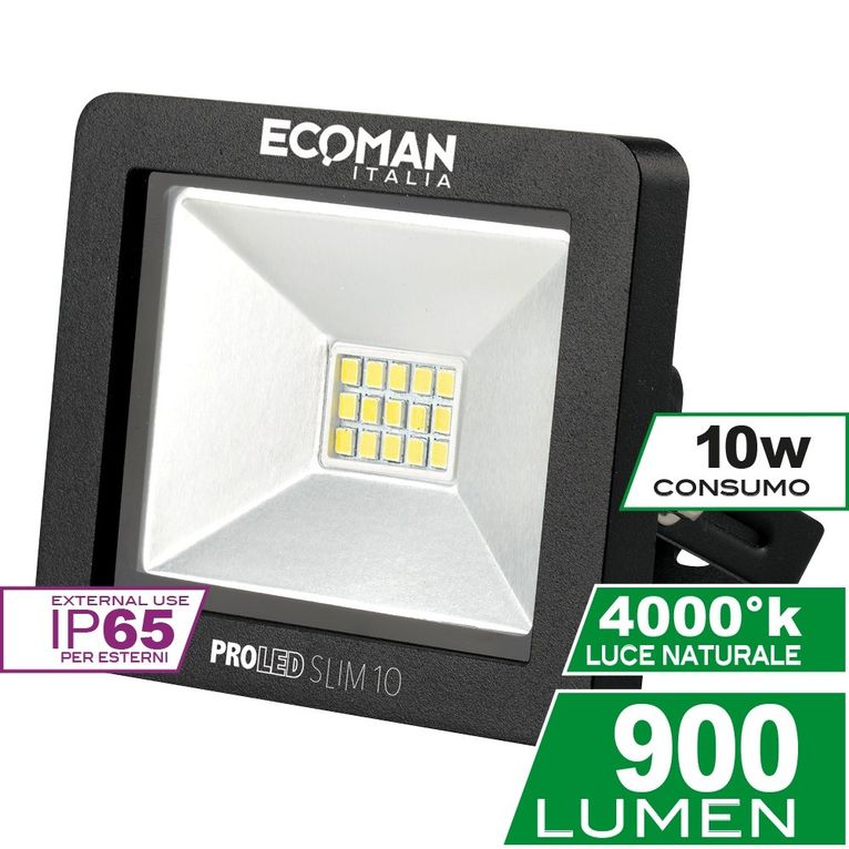 proiettore led proled 10w luce naturale 4000k ecoman nero ip65 mini slim