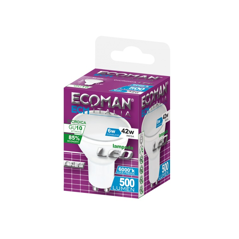 lampadina led dicroica gu10 6w luce fredda 6000k ecoman vetro ghiaccio