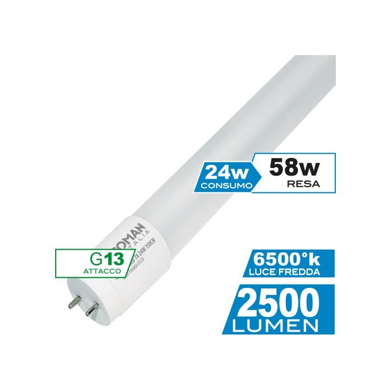 tubo led t8 g13 24w luce fredda 6500k ecoman 150cm