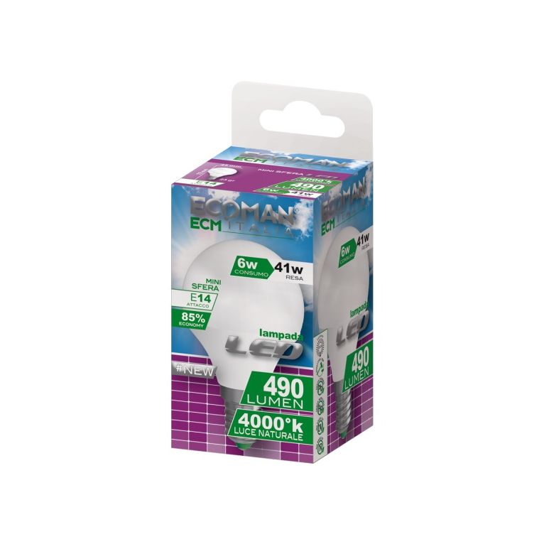 lampadina led sfera e14 6w luce naturale 4000k ecoman vetro ghiaccio