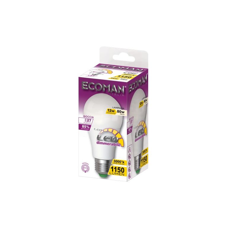 lampadina led goccia e27 12w luce calda 3000k ecoman dimmerabile vetro giacchio