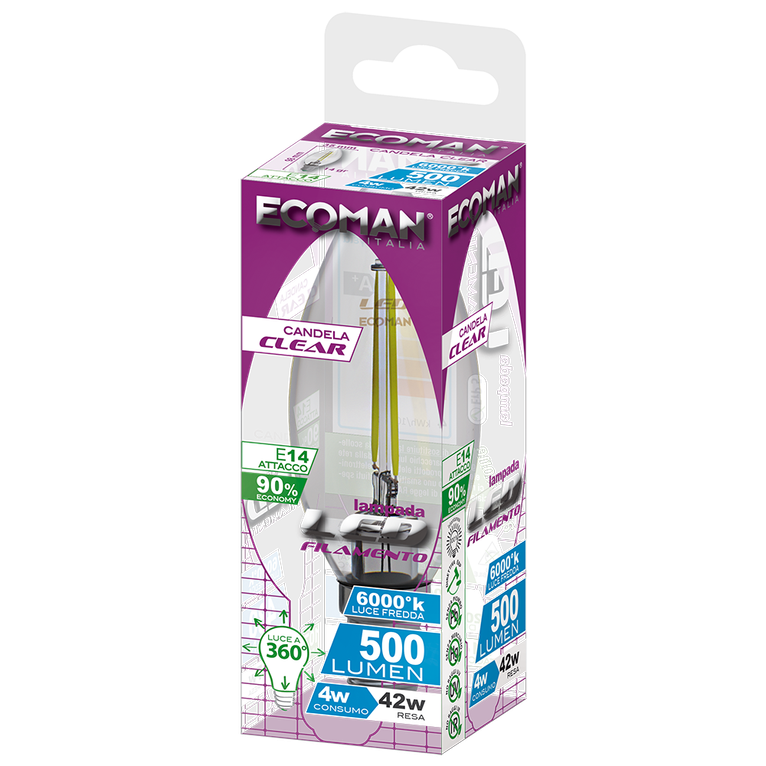 lampadina led candela e14 4w luce fredda 6000k ecoman vetro trasparente