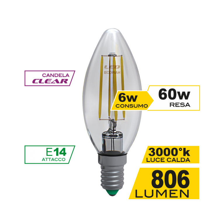 lampadina led candela e14 6w luce calda 3000k ecoman vetro trasparente