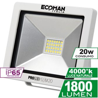 Proiettore LED ProLed 20W luce naturale 4000K Ecoman bianco IP65 Mini Slim