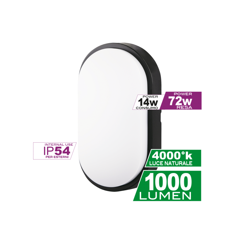 plafoniera led ovale 14w luce naturale 4000k ecoman nero ip54 