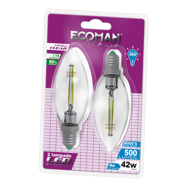 lampadina led candela e14 4w luce fredda 6000k ecoman vetro trasparente confezione 2 pezzi