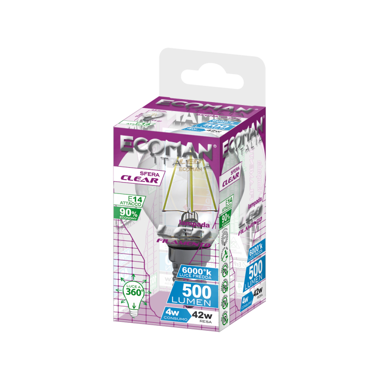 lampadina led sfera e14 4w luce fredda 6000k ecoman vetro trasparente
