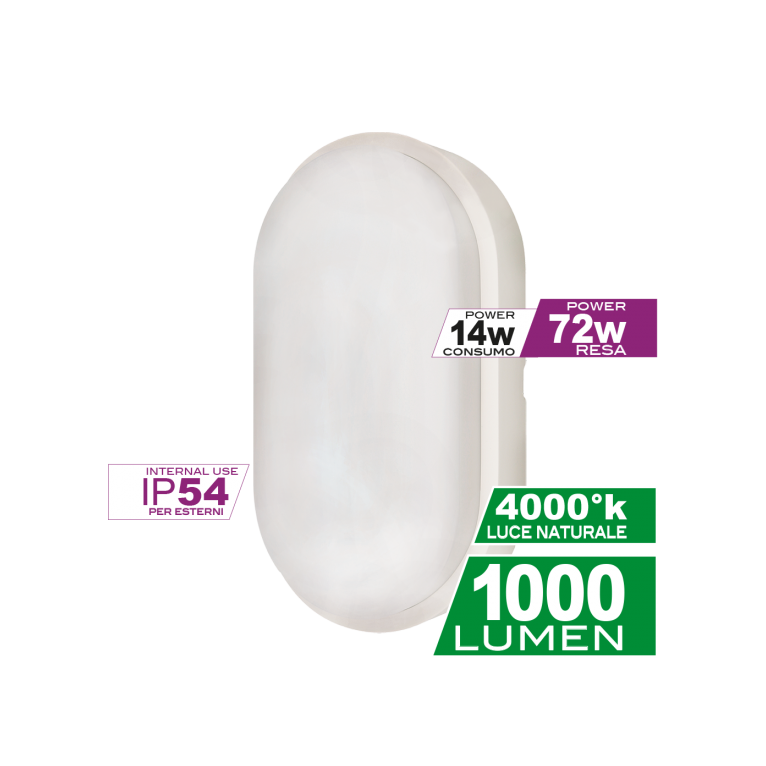 plafoniera led ovale 14w luce naturale 4000k ecoman bianco ip54 