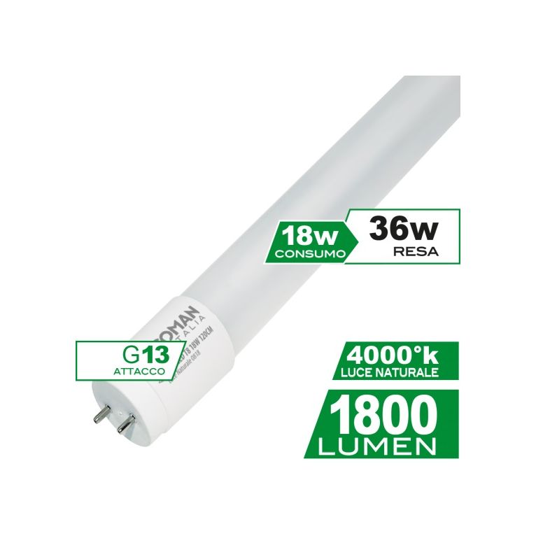 tubo led t8 g13 18w luce naturale 4000k ecoman 120cm 