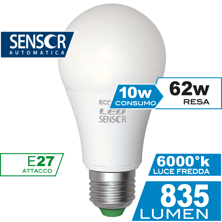 lampadina led goccia e27 10w luce fredda 6000k ecoman vetro ghiaccio sensor360