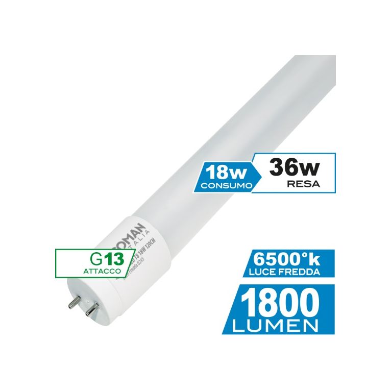 tubo led t8 g13 18w luce fredda ecoman 120cm 