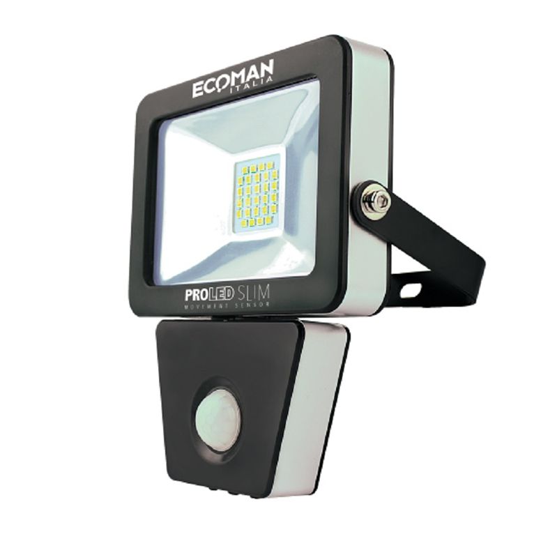 proiettore led proled 10w luce naturale 4000k ecoman nero ip44 slim sensor