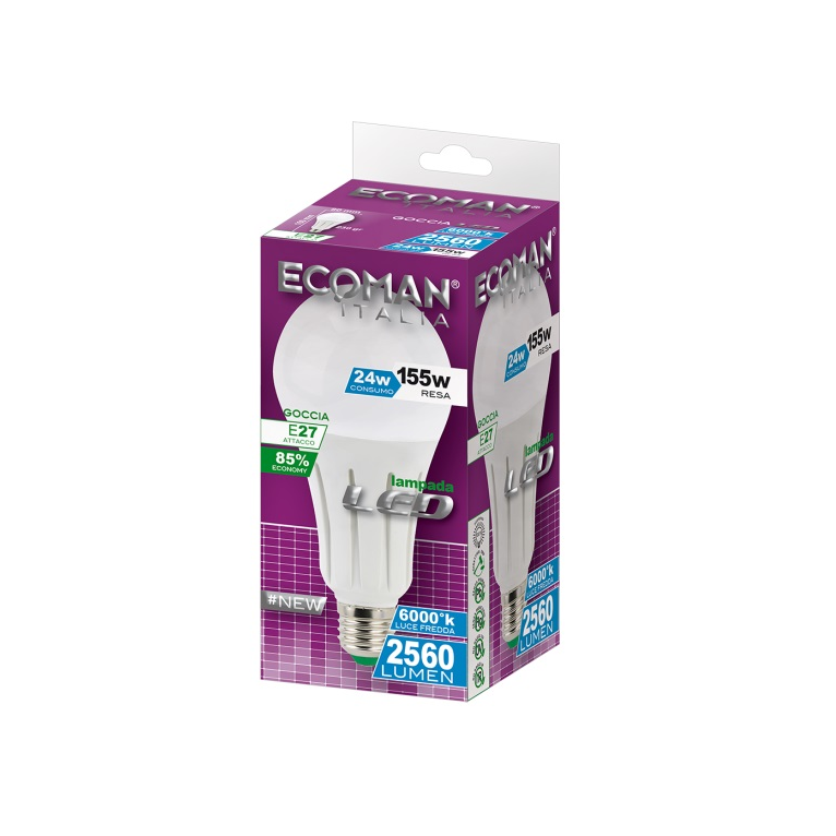 lampadina led goccia e27 24w luce fredda 6000k ecoman per uso professionale