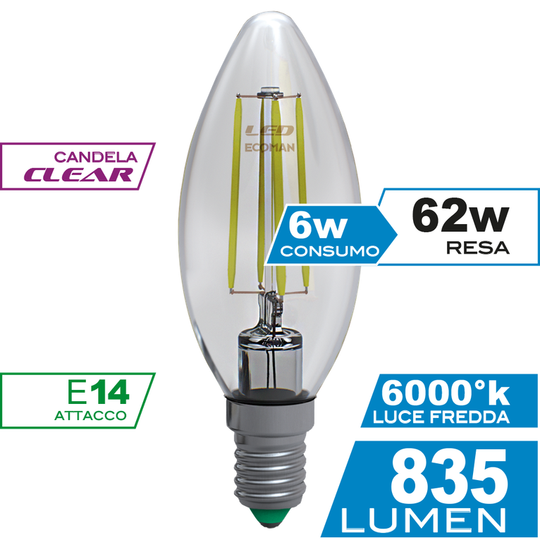 lampadina led candela e14 6w luce fredda 6000k ecoman vetro trasparente