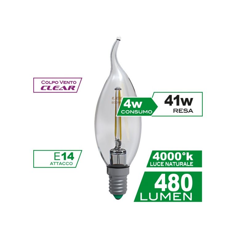 lampadina led colpo di vento e14 4w luce naturale 4000k ecoman vetro trasparente