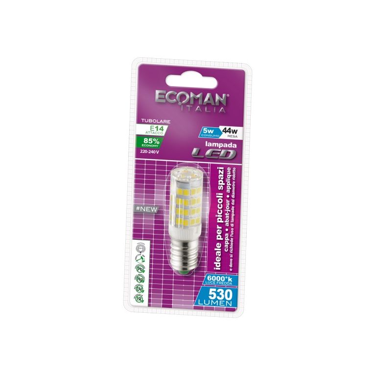 lampadina led tubolare e14 5w luce fredda 6000k ecoman vetro trasparente