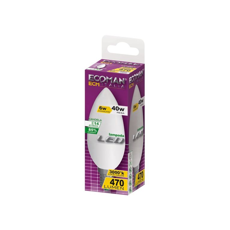 lampadina led candela e14 6w luce calda 3000k ecoman vetro ghiaccio