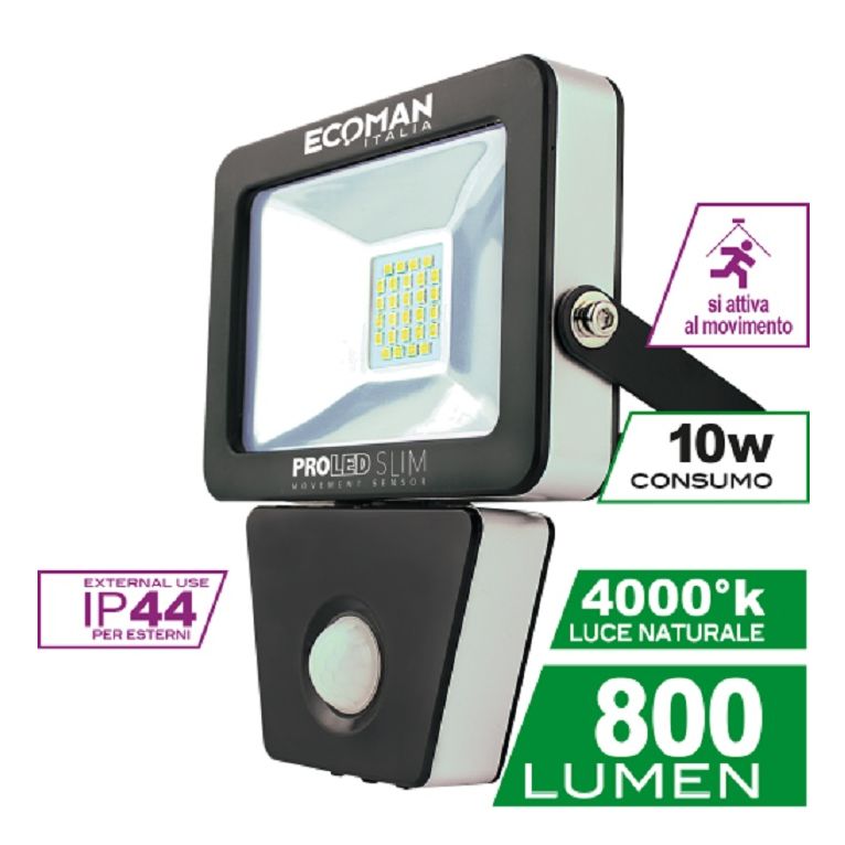 proiettore led proled 10w luce naturale 4000k ecoman nero ip44 slim sensor