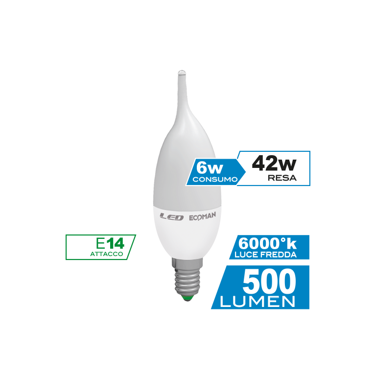 lampadina led colpo di vento e14 6w luce fredda 6000k ecoman vetro ghiaccio