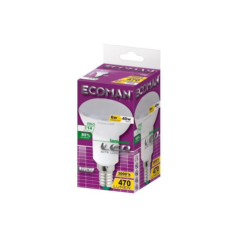 lampadina led spot r50 e14 6w luce calda 3000k ecoman vetro ghiaccio