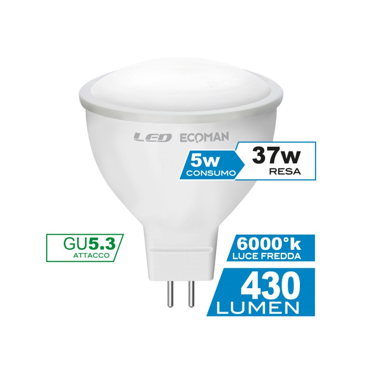 lampadina led dicroica gu5.3 5w luce fredda 6000k ecoman 12vdc vetro ghiaccio