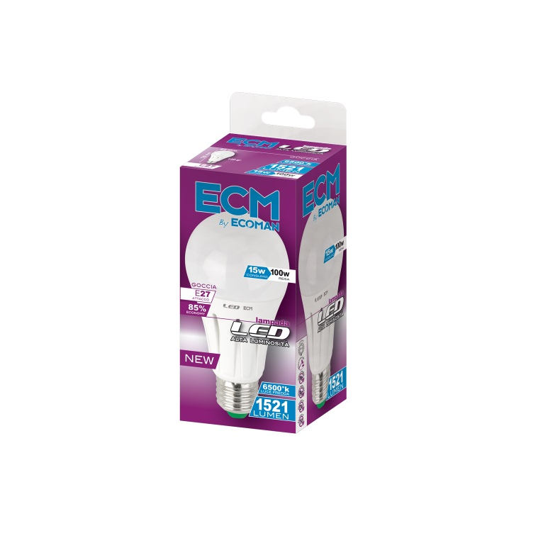 lampadina led goccia e27 15w luce fredda 6000k ecoman vetro ghiaccio per uso professionale 