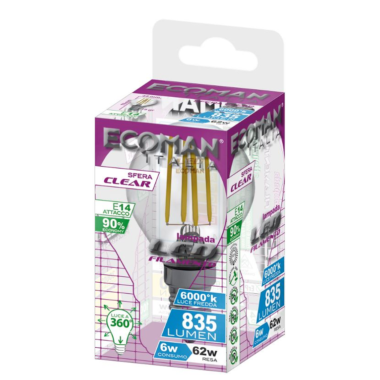 lampadina led sfera e14 6w luce fredda 6000k ecoman vetro trasparente