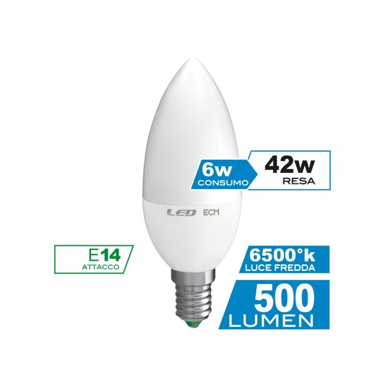 lampadina led candela e14 6w luce fredda 6000k ecoman vetro ghiaccio