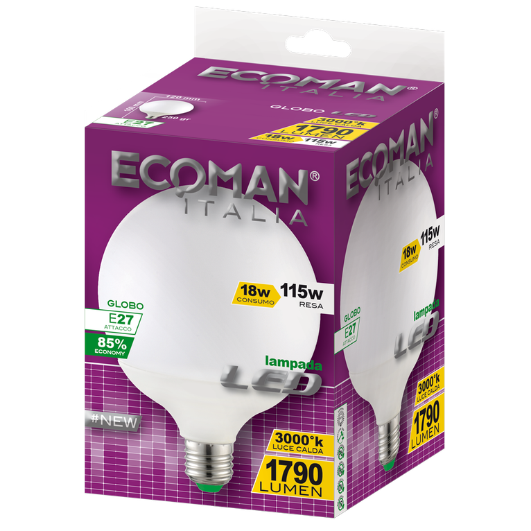 lampadina led globo g120 e27 18w luce calda 3000k ecoman vetro ghiaccio