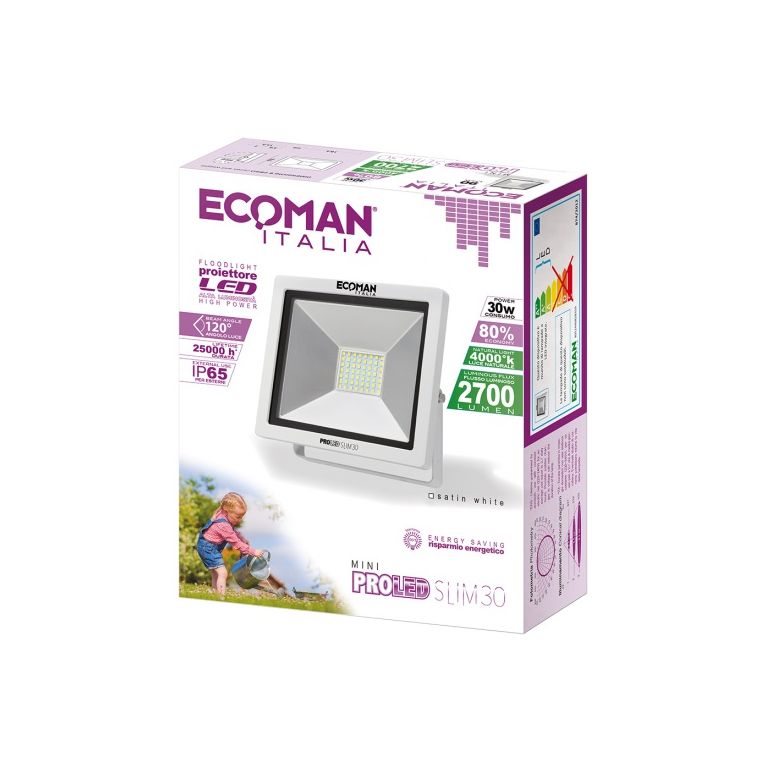 proiettore led proled 30w luce naturale 4000k ecoman bianco ip65 mini slim