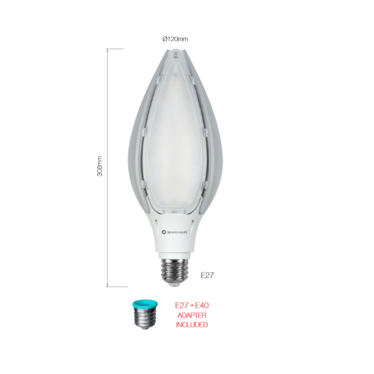 lampadina led noa e27/e40 80w luce calda 822 beneito faure ip65